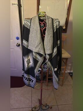 Avia Black and Gray Aztec Open-Front Draped Cardigan